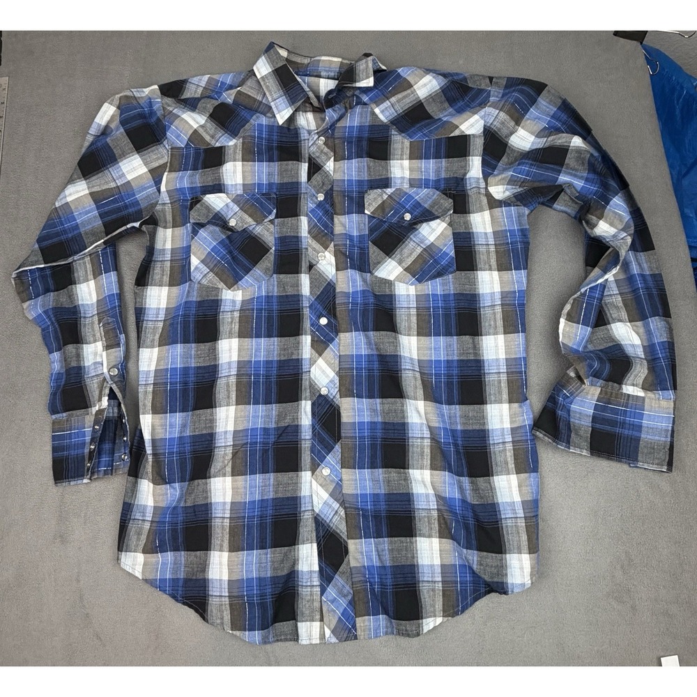Roper Western Pearl Snap Shirt Mens Large Blue Gingham Plaid Lightweight Rock